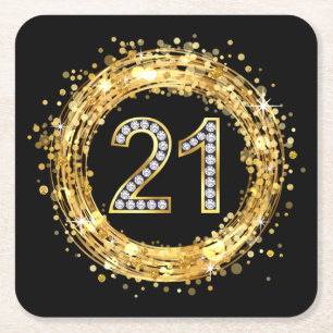 Diamond Number 21 Glitter Bling Confetti gold Square Paper Coaster