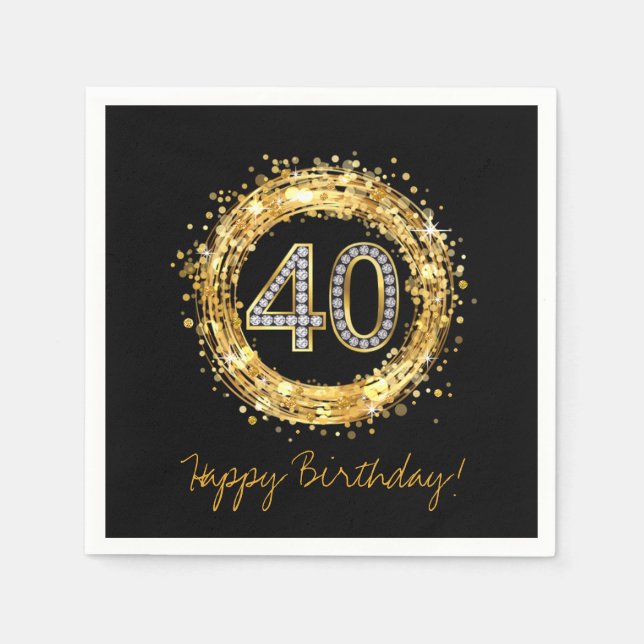 Diamond Number 40 Glitter Bling Confetti | gold Napkin (Front)