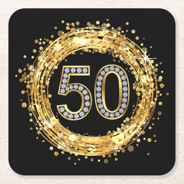 Diamond Number 50 Glitter Bling Confetti | gold Square Paper Coaster (Front)