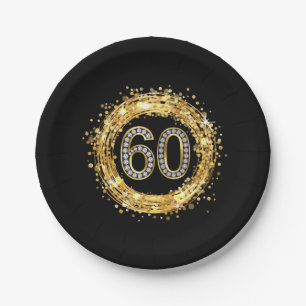 Diamond Number 60 Glitter Bling Confetti   gold Paper Plate