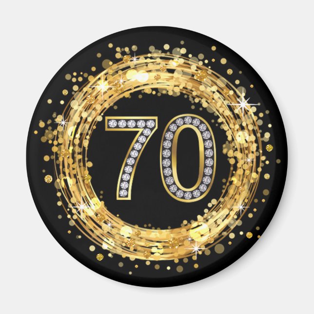 Diamond Number 70 Glitter Bling Confetti | gold Magnet (Front)