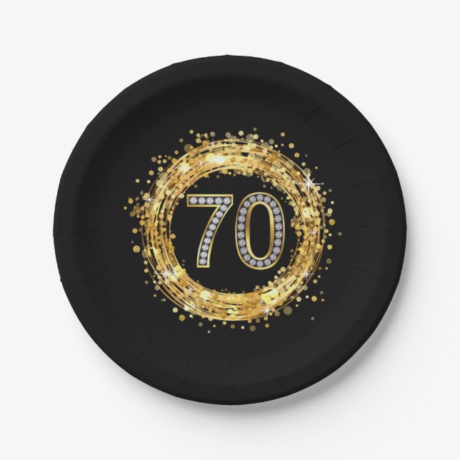 Diamond Number 70 Glitter Bling Confetti | gold Paper Plate (Front)