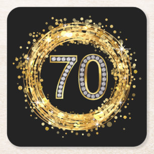 Diamond Number 70 Glitter Bling Confetti gold Square Paper Coaster