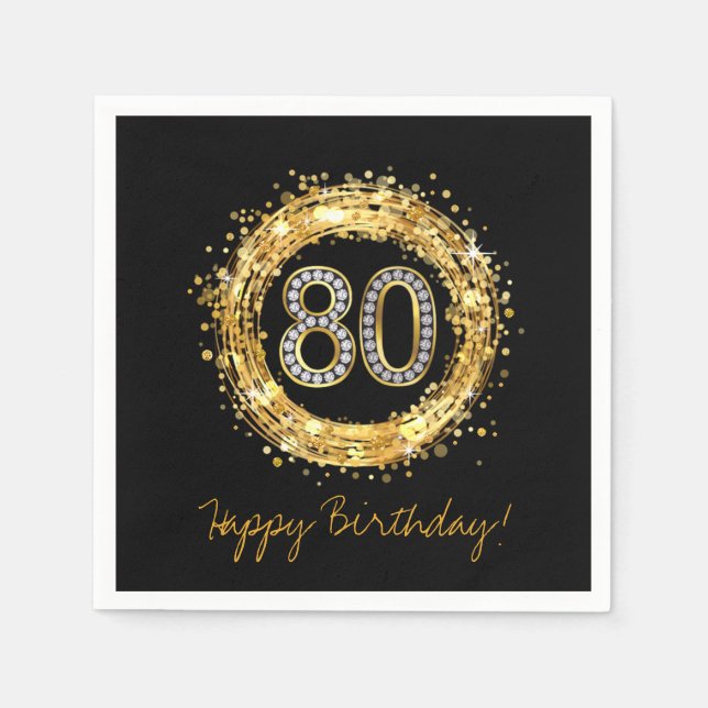 Diamond Number 80 Glitter Bling Confetti | gold Napkin (Front)