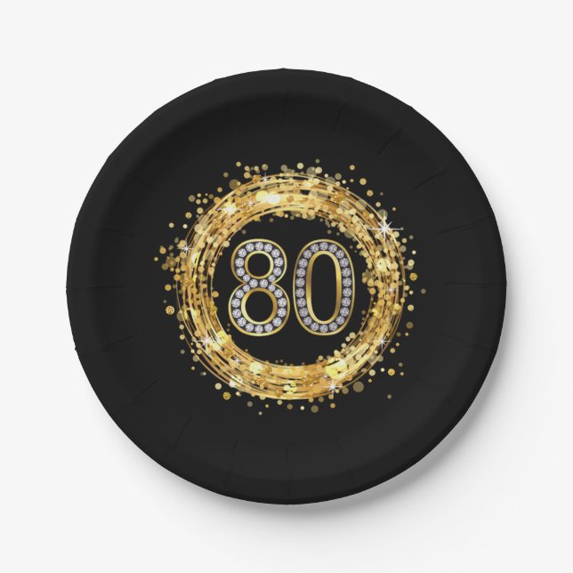 Diamond Number 80 Glitter Bling Confetti | gold Paper Plate (Front)