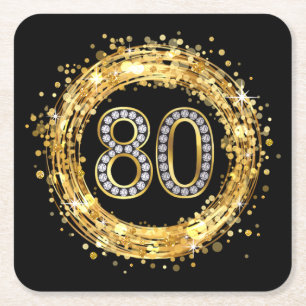 Diamond Number 80 Glitter Bling Confetti gold Square Paper Coaster