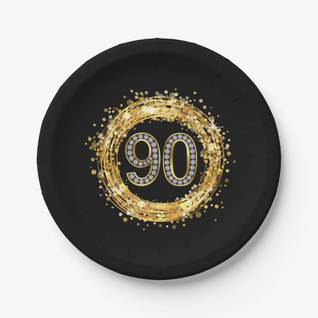 Diamond Number 90 Glitter Bling Confetti | gold Paper Plate (Front)