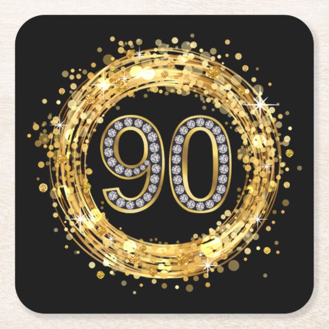 Diamond Number 90 Glitter Bling Confetti | gold Square Paper Coaster (Front)