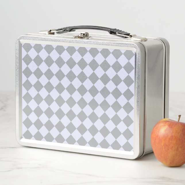 Diamond pattern in grey and lavender metal lunch box (In Situ)