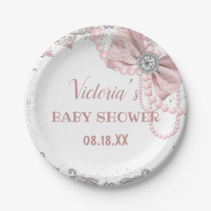 Diamond Pearl Blush Pink Girly Elegant Baby Shower Paper Plate