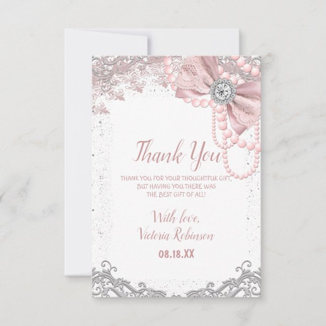 Diamond Pearl Blush Pink Girly Elegant Baby Shower Thank You Card (Front)
