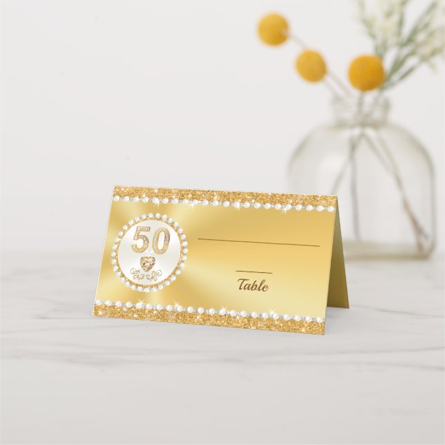 Diamond Pearls, 50th Anniversary, Gold Place Cards (Front)