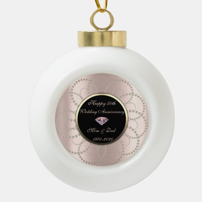 Diamond Pearls Rose Gold 50th Wedding Anniversary Ceramic Ball Christmas Ornament (Front)