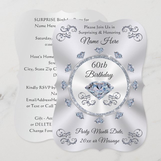 Diamond, Personalised 60th Birthday Invitations,  (Front/Back)