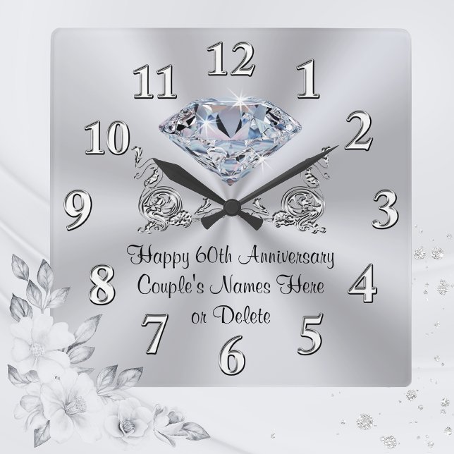 Diamond Personalized 60th Anniversary Gifts CLOCK (Personalized 60th Anniversary Gifts for Friends, Parents, Family. Diamond Wedding Anniversary Clock.)