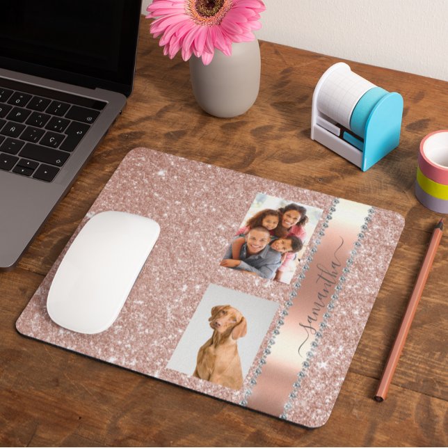 Diamond Photo Glitter Name Monogram Rose Gold Mouse Mat (Creator Uploaded)