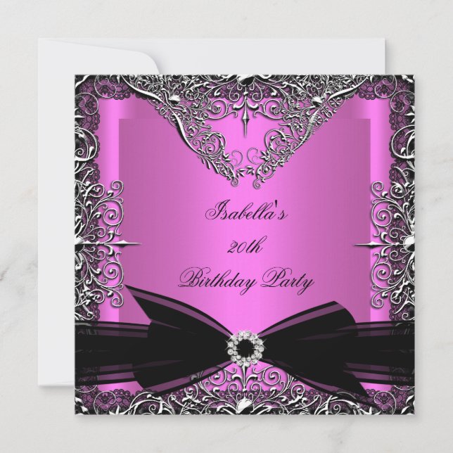 Diamond Pink Black Bow Silver Birthday Party Invitation (Front)