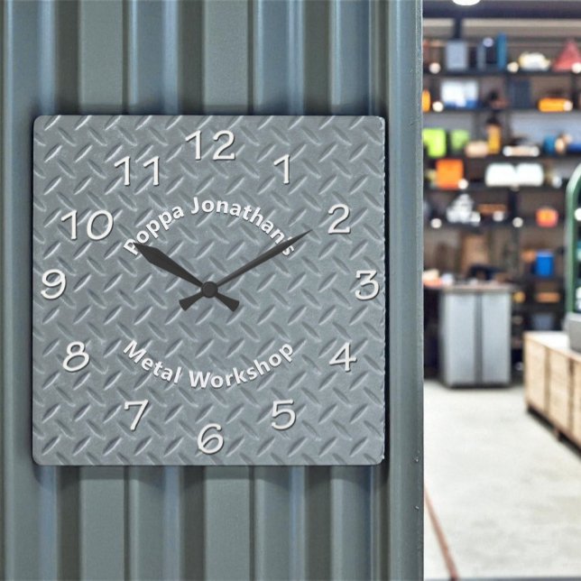 Diamond Plate Rustic Faux Metal Lug Pattern Custom Square Wall Clock (Diamond plate template text wall clock )