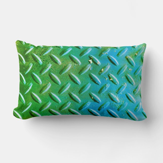 Diamond Plate Steel Green and Blue Lumbar Cushion (Front)