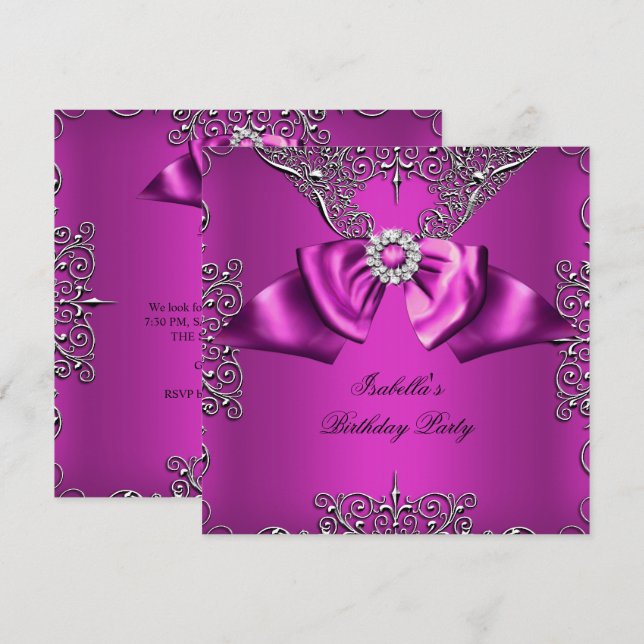 Diamond Plum Pink Bow Silver Elegant Birthday Invitation (Front/Back)