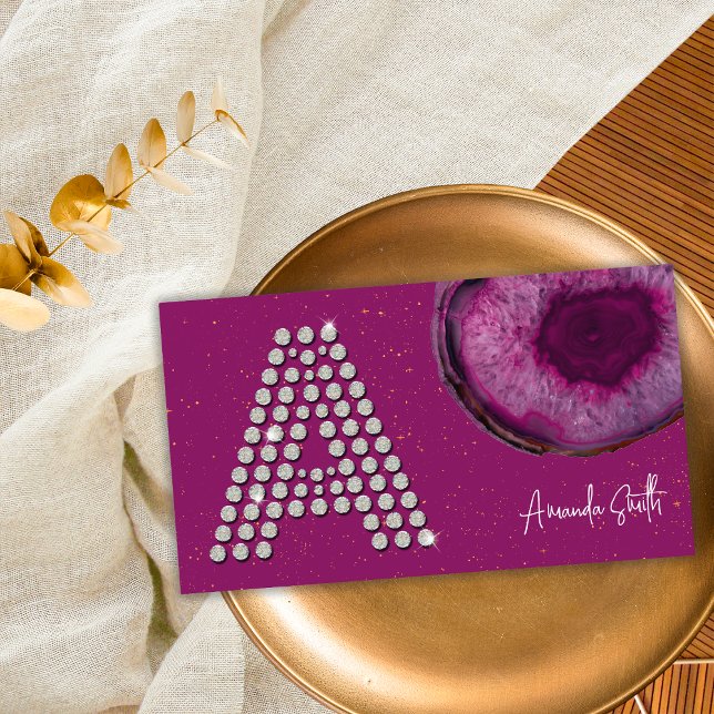 Diamond Plum Purple Agate Initial Letter Monogram Business Card (Front)