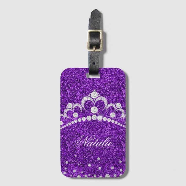 Diamond Princess Crown Purple Glitter Personalised Luggage Tag (Front Vertical)