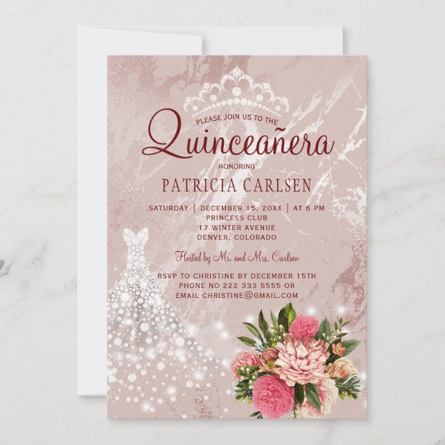 Diamond princess dress blush chic quinceanera invitation (Front)