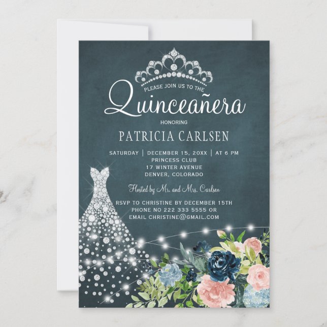 Diamond princess dress watercolor chic quinceanera invitation (Front)