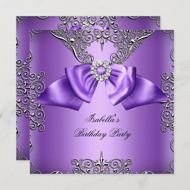 Diamond Purple Bow Silver Elegant Birthday Party 2 Invitation (Front/Back)
