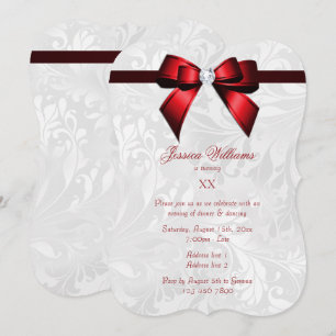 Diamond Red Bow, Ribbon & Damask Birthday Party Invitation