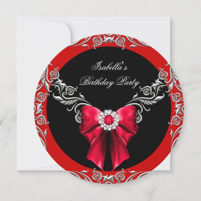 Diamond Red Bow Silver Black Birthday Party R Invitation (Front)