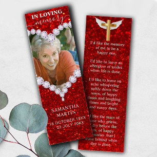 Diamond Red Glitter Memorial Poem Funeral Bookmark
