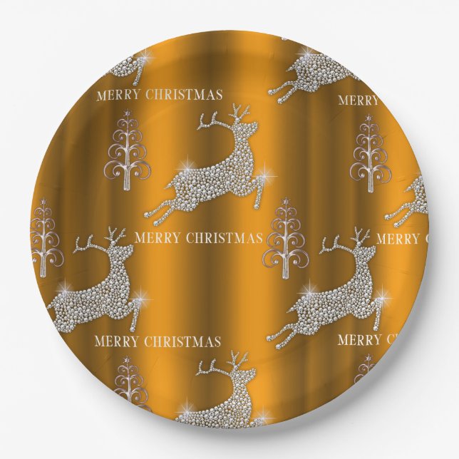 Diamond Reindeer and Shiny Gold Christmas Paper Plate (Front)