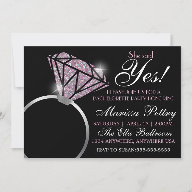 Diamond ring, Bachelorette, she said yes pink Invitation (Front)