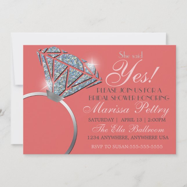 Diamond ring, Bling Bridal shower, she said yes Invitation (Front)