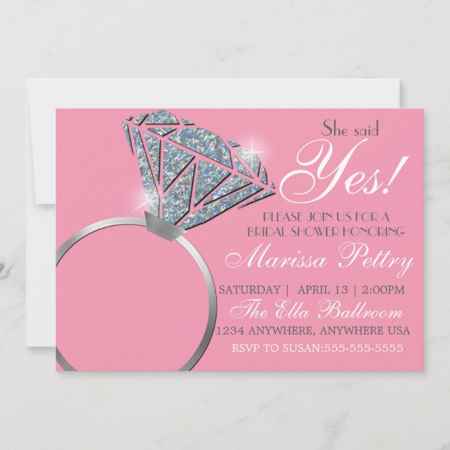 Diamond ring, Bridal shower, she said yes, pink Invitation (Front)