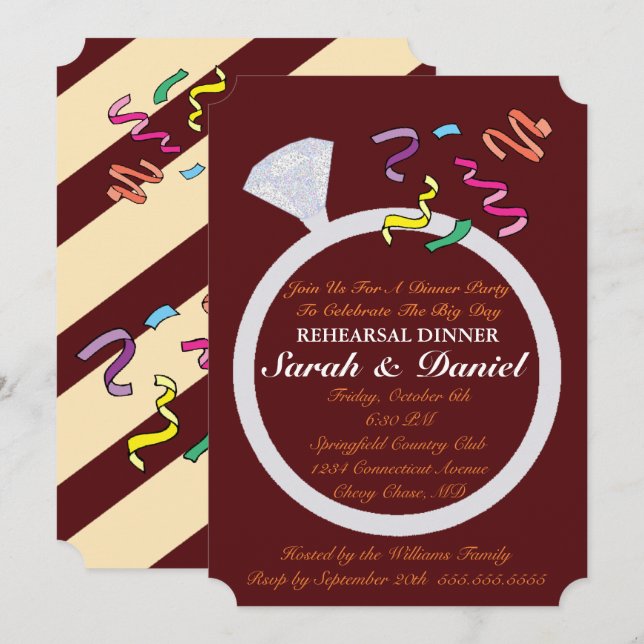 Diamond Ring Burgundy Silver Glamour Bridal Shower Invitation (Front/Back)
