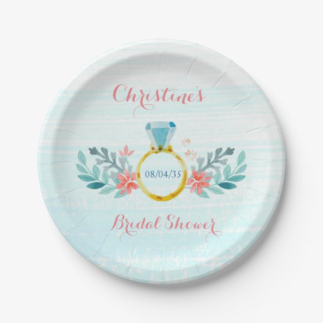 Diamond Ring Floral Bridal Shower Paper Plate (Front)