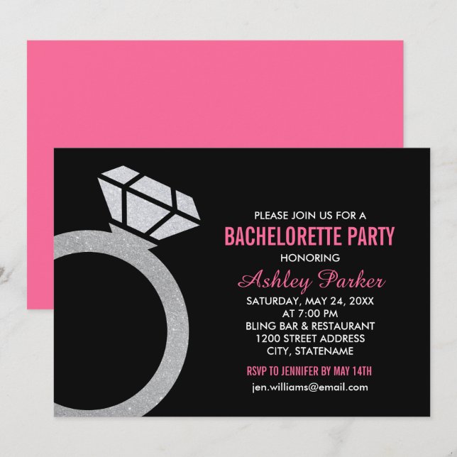 Diamond Ring Hot Pink Wedding Bachelorette Party Invitation (Front/Back)