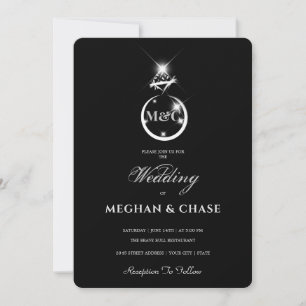 Diamond Ring Monogram Black and White Wedding Invitation