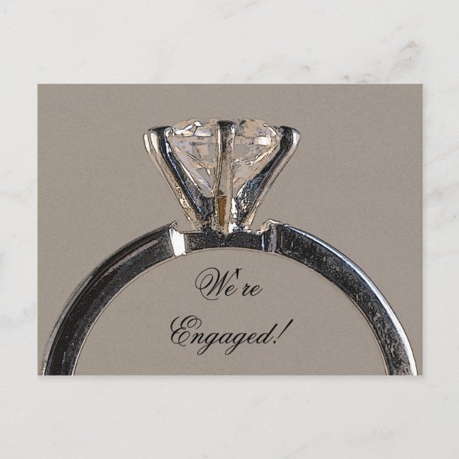 Diamond Ring on Grey Engagement Announcement Postcard (Front)