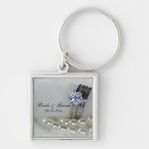 Diamond Rings and White Pearls Wedding Key Ring