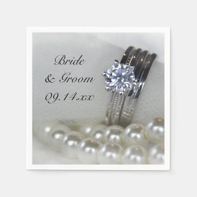 Diamond Rings and White Pearls Wedding Napkin (Front)