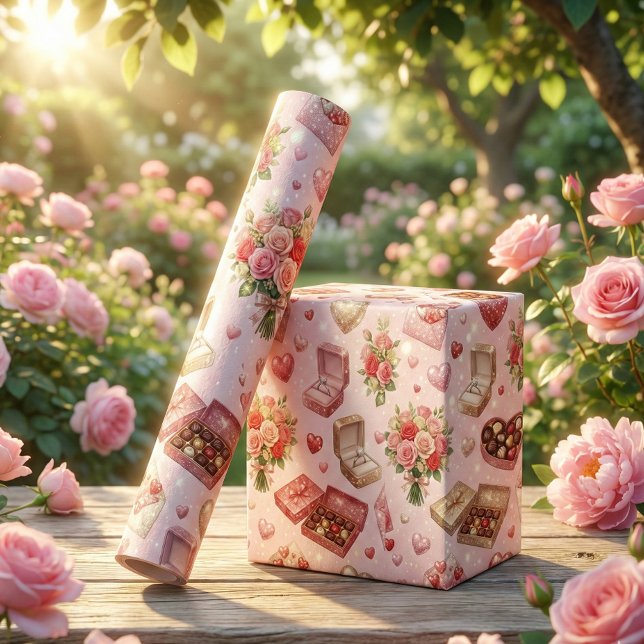 Diamond Rings, Roses & Luxury Gift Boxes Pattern Wrapping Paper (Creator Uploaded)