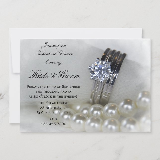 Diamond Rings White Pearl Wedding Rehearsal Dinner Invitation (Front)