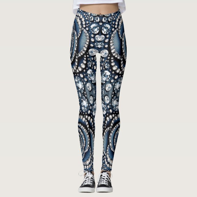 Diamond Rose & Denim Glam Bling Jewels Leggings (Front)