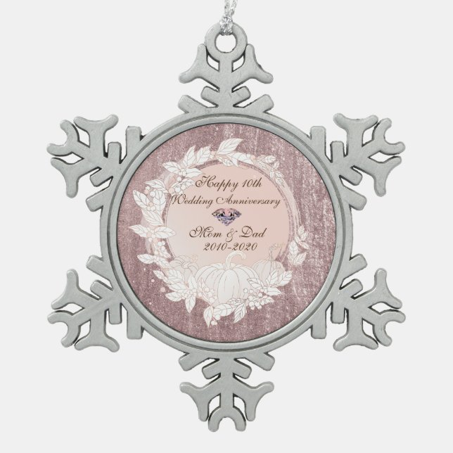 Diamond Rose Gold Pumpkin10th Wedding Anniversary Snowflake Pewter Christmas Ornament (Front)