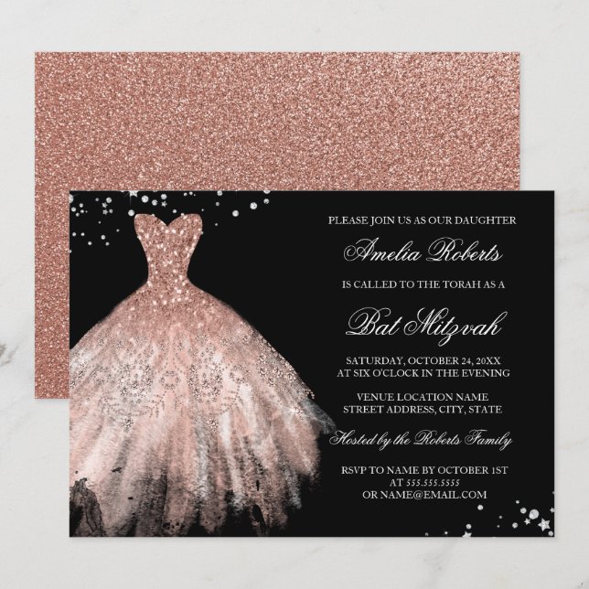 Diamond Rose Gold Sparkle Dress Bat Mitzvah Invitation (Front/Back)