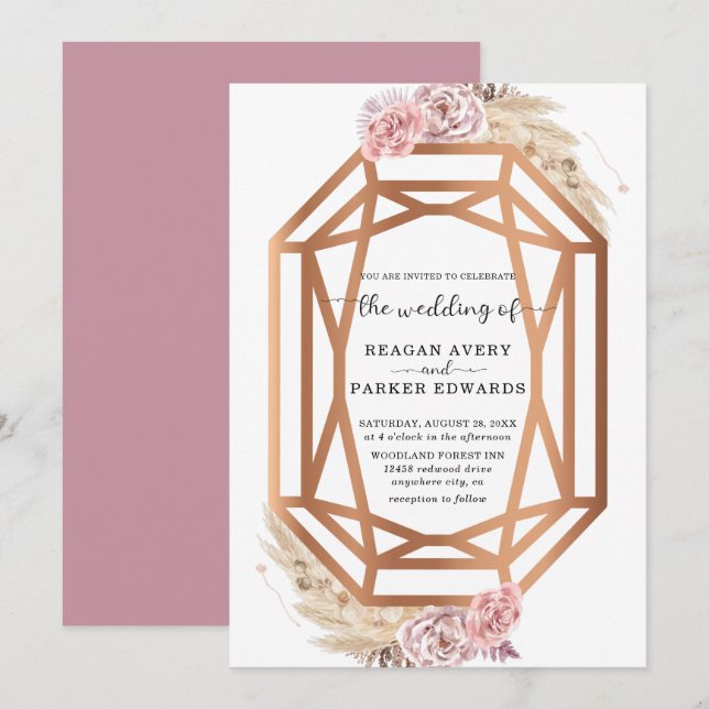 Diamond Shape Floral Dried Pampas Grass Wedding Invitation (Front/Back)
