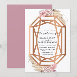Diamond Shape Floral Dried Pampas Grass Wedding Invitation